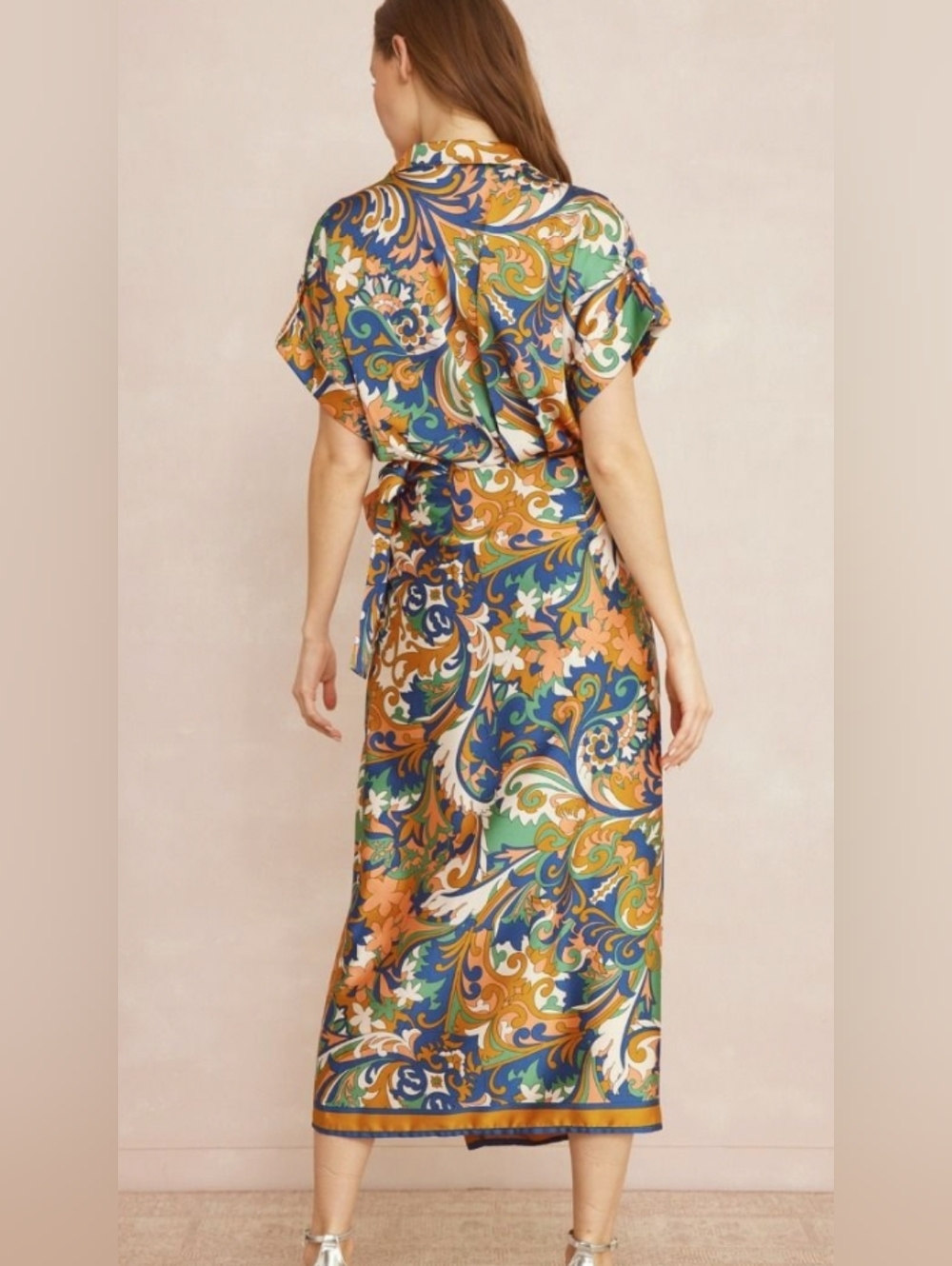 ENTRO Satin Midi Wrap Dresd In Midnight Size S NWT